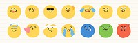 Colorful emoji set with various expressions. Smiling, crying, angry, and more. Cute emoji faces in yellow, blue, green, and red. Expressive emoji designs. Hand drawn cute emoticon set. Vectors.