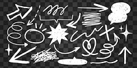 A collection of white hand-drawn arrows, doodles, and scribbles on a transparent background. Arrows and doodles in various shapes and directions. Hand drawn doodles element set. Vectors.