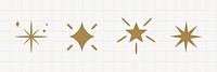 Set of four gold star icons on a grid background. Each star icon is unique, featuring different shapes and styles. Gold star icons on grid, stylish and decorative. Festive element set. Vectors.