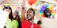 Diverse group celebrating pride with rainbow flags. Joyful expressions, colorful outfits, and a vibrant atmosphere. Unity and diversity at a pride event. African American woman protest photo.