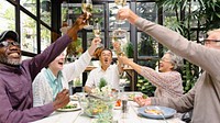 Group of diverse seniors enjoying a meal, raising glasses in celebration. Laughter and joy among elderly friends in a bright, plant-filled setting. Happy retired people celebrating with wine.