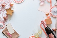 Festive flat lay with champagne, pink decorations, and gift boxes background. Celebration theme with champagne, pink accents, and festive decor. Perfect for party vibes. Pink party background.