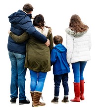 A family of four, seen from behind, wearing winter coats. The group includes two adults and two children, all dressed warmly in jackets and boots. Family in winter isolated on white background.