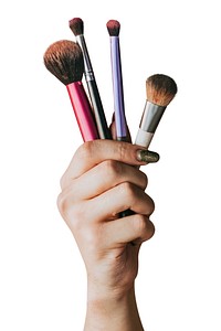 Hand holding makeup brushes, showcasing various brush types. Makeup brushes for beauty routines. Diverse makeup tools for applying cosmetics. Element isolated on white background.