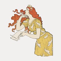 Woman in yellow dress, vintage illustration by Eugene Samuel Grasset, vintage vector element. Remixed by rawpixel.