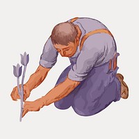 Man planting flower, vintage illustration by Jose Moya del Pino, vector element. Remixed by rawpixel.