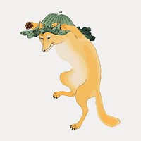 Ohara Koson's Dancing Fox with Lotus-leaf Hat, animal illustration, vintage vector element. Remixed by rawpixel.