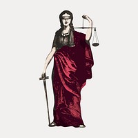 Woman holding justice scales and sword, vintage illustration, isolated vector element. Remixed by rawpixel.