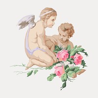 Vintage cherubs with flower illustration, vector element. Remixed by rawpixel.