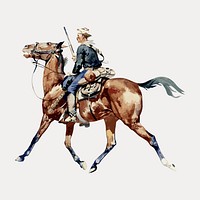 Soldier on horse watercolor illustration element from Frederic Remington artwork isolated on white, vector. Remixed by rawpixel.