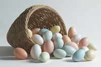 Easter eggs spilling out basket colorful pastel.