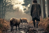 Cute lamb walking sheep forest.