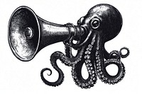 Octopus holding a big megaphone surreal black white.