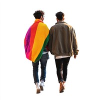 Lgbt couple walking back representation celebration.