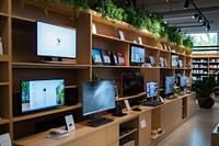 Computer store display electronics shelves shop.