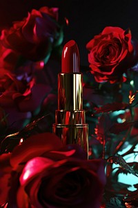 Dark red roses with lipstick cosmetics glamorous romantic.