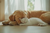 A golden retriever and a British shorthair cat sleeping animals room.