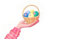 Hand holding easter basket eggs illustration colorful.