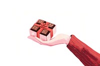 Hand holding chocolate box illustration ribbon gift.