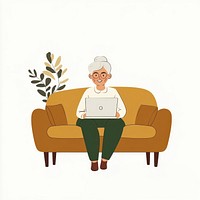 Woman useing laptop on brown sofa art illustration electronics.