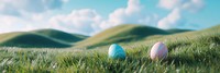 Easter eggs rolling down the hill landscape outdoors nature.