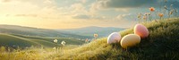 Easter eggs rolling down grassy hills landscape outdoors scenery.