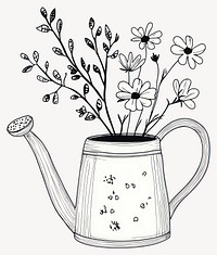 Watering can with flowers art drawing simple vector