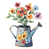 Flowers in watering can watercolor tin illustration.