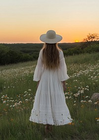 A woman in a white dress and hat stands in a grassy field with wildflowers sunset hair beachwear.