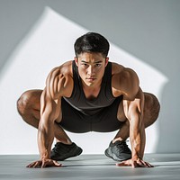 Asian man exercise clothing fitness apparel.