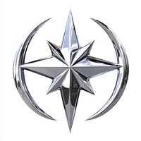 Four-pointed starburst and crescent moon combination emblem symbol chrome.