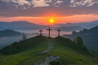 Crucifix Of Jesus Christ sunrise crosses landscape.