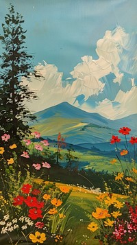 Flower fields and hills flowers landscape painting.