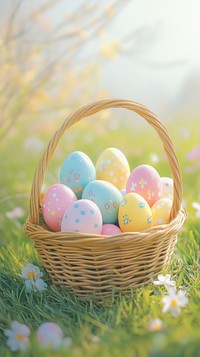 Easter eggs in basket pastel grass celebration.