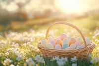 Colrful pastel easter eggs atmosphere basket confectionery.