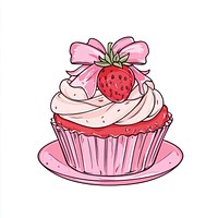 A pink cupcake with strawberry and ribbon bow illustration dessert art.