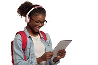 A young Black woman wearing glasses and headphones background expression backpack.