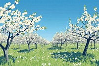 Orchard with blooming trees landscape outdoors nature.