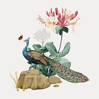 Floral peacock bird sticker, isolated vector element. Remixed by rawpixel.