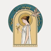 Woman holding flower, vintage art nouveau illustration, vector element. Remixed by rawpixel.