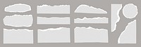 Set of torn paper edges. Torn paper with rough edges. White torn paper pieces. Collection of torn paper strips. Torn paper for design use. Gray element vector set.