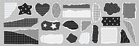 Collection of torn paper shapes in various patterns. Torn paper includes stars, hearts, and clouds. Patterns include polka dots, stripes, and grids. Gray element vector set.