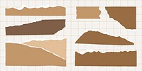 Set of torn paper strips in various shades of brown on a grid background. Torn paper edges, brown paper textures, and grid pattern create a layered effect. Brown element vector set.