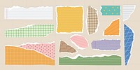 Colorful torn paper pieces with various patterns like stripes, dots, and grids. Torn paper in bright colors and patterns. Scrapbook and collage elements. Colorful patterned element vector set.