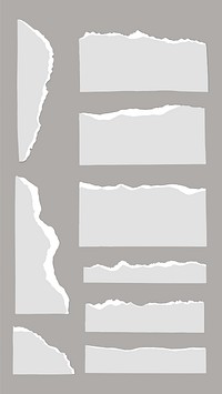 Set of torn paper edges on a gray background. Torn paper textures, ripped paper edges, and jagged paper pieces create a dynamic, textured look. Gray element vector set.