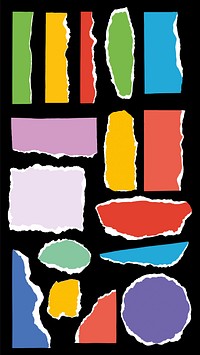 Colorful torn paper shapes in various sizes and colors on a black background. Includes rectangles, circles, and irregular shapes in vibrant hues. Colorful element vector set.