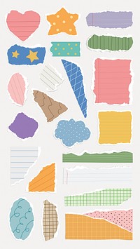 Colorful torn paper scraps in various shapes like stars, hearts, and clouds. Includes lined, dotted, and checkered patterns in bright colors. Colorful patterned element vector set.