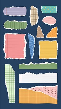 Colorful torn paper pieces on a blue background. Torn paper in various colors and patterns. Torn edges and colorful designs create a playful, artistic look. Colorful patterned element vector set.