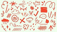 Collection of red doodles including arrows, clouds, and flowers. Fun and playful doodles with swirls and stars. Red doodles for creative designs. Colorful doodle elements, vector set.