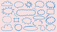 Collection of blue doodle speech bubbles on a pink background. Various shapes include clouds, ovals, and bursts. Ideal for creative designs and notes. Colorful doodle elements, vector set.